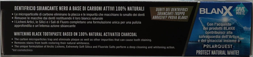 Italian packaging label for BlanX Black toothpaste