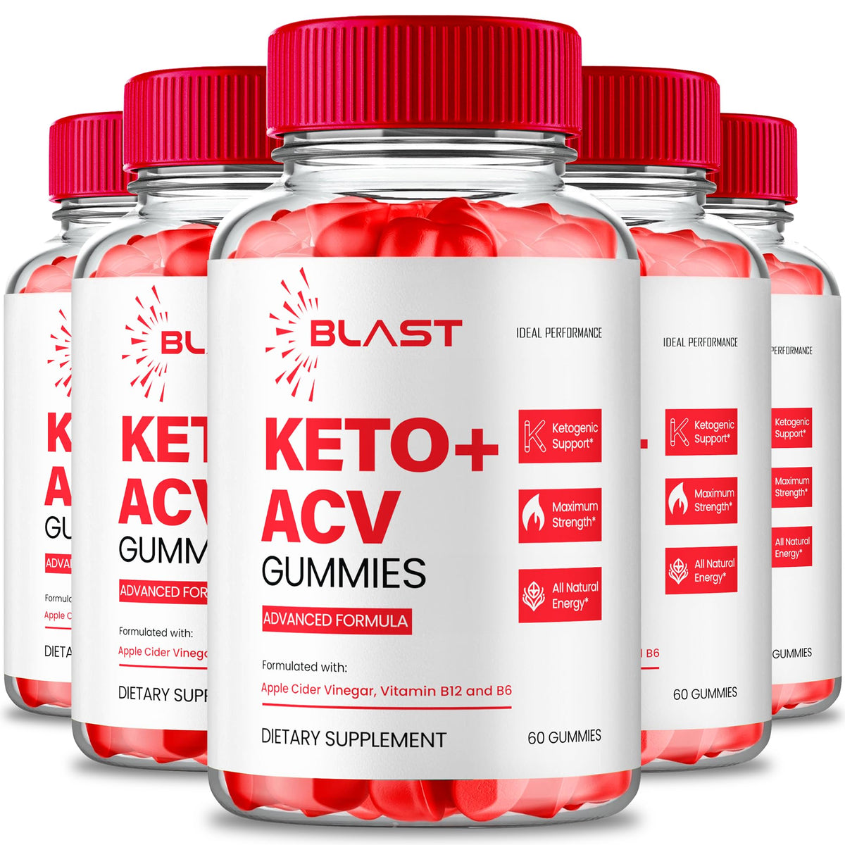 Bottle of Blast Keto ACV Gummies on white background