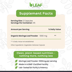 Close-up of B’LEAF NATURE Moringa Capsules bottle