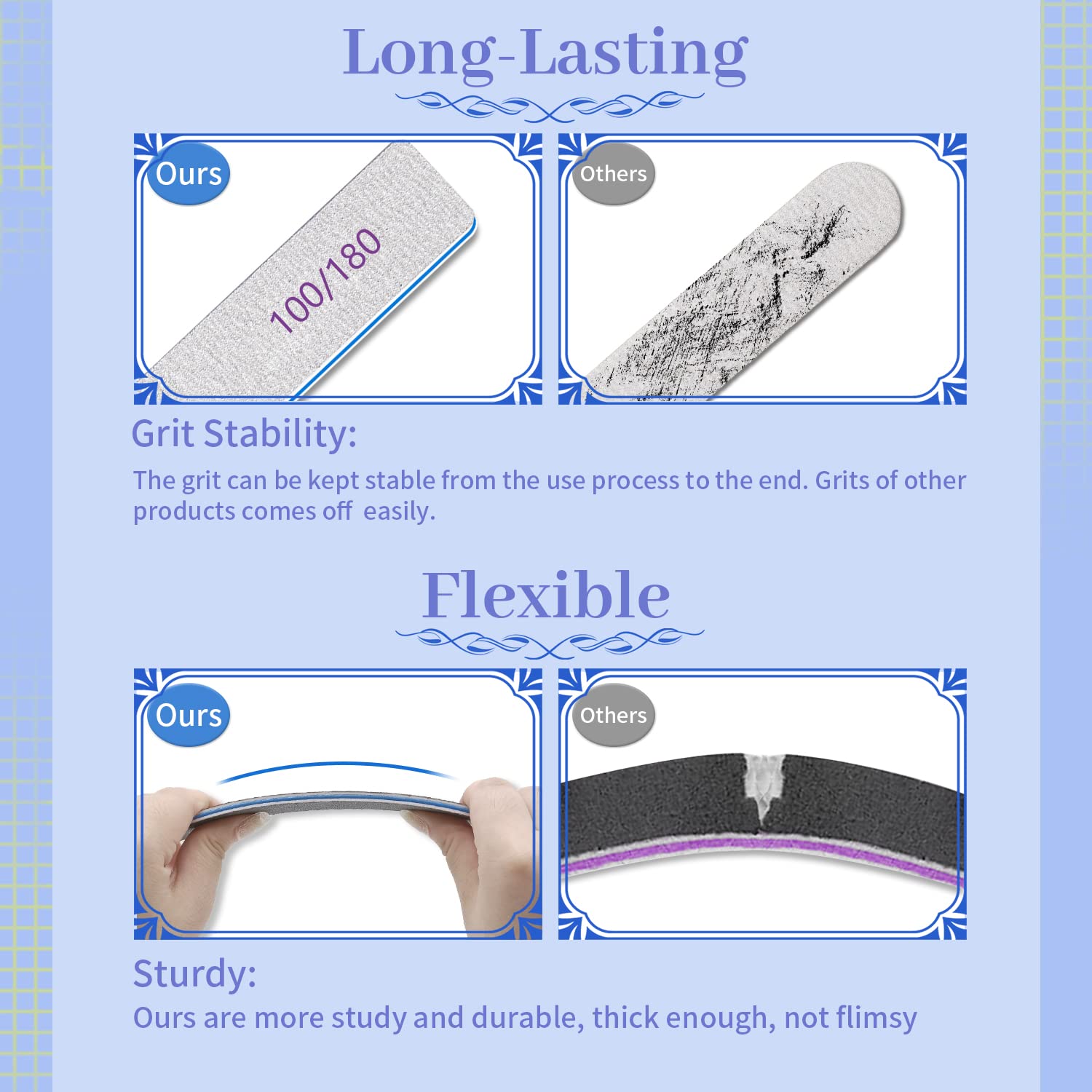 BLESWIN nail files with easy-grip square handle for comfortable filing.