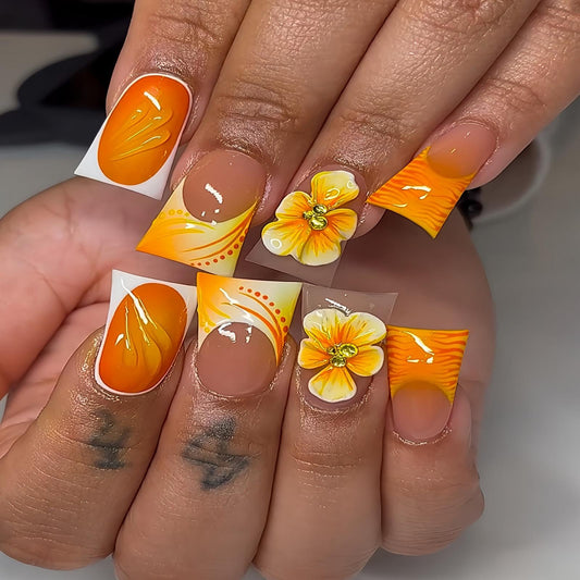 BLGTGH Duck Press On Nails with yellow flower stripes for daily style