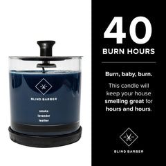 Blind Barber Tompkins candle features lavender hint for a subtle calming vibe.