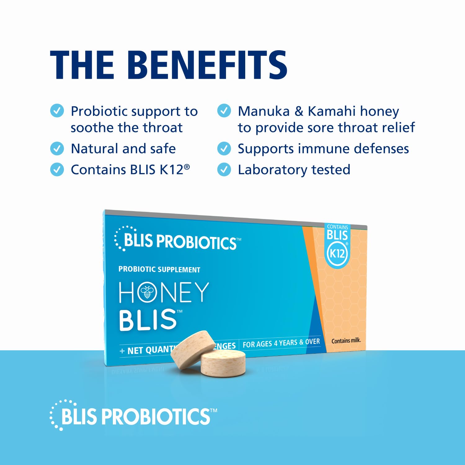 BLIS K12 badge on packaging highlighting probiotic throat support.