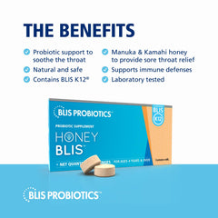 BLIS K12 badge on packaging highlighting probiotic throat support.