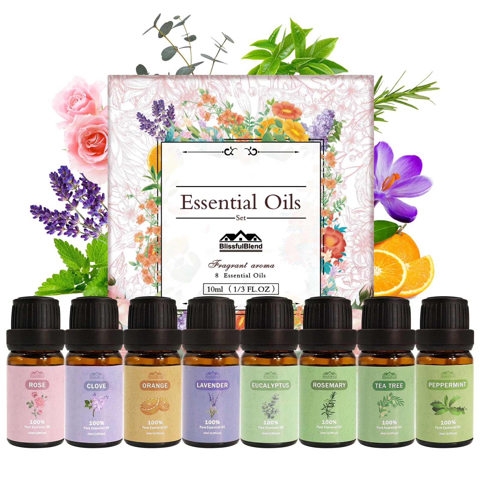 BlissfulBlend 8-pack essential oils Peppermint and Lavender in amber 10ml bottles