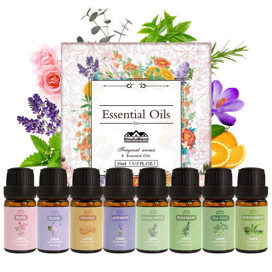 BlissfulBlend 8-pack essential oils Peppermint and Lavender in amber 10ml bottles