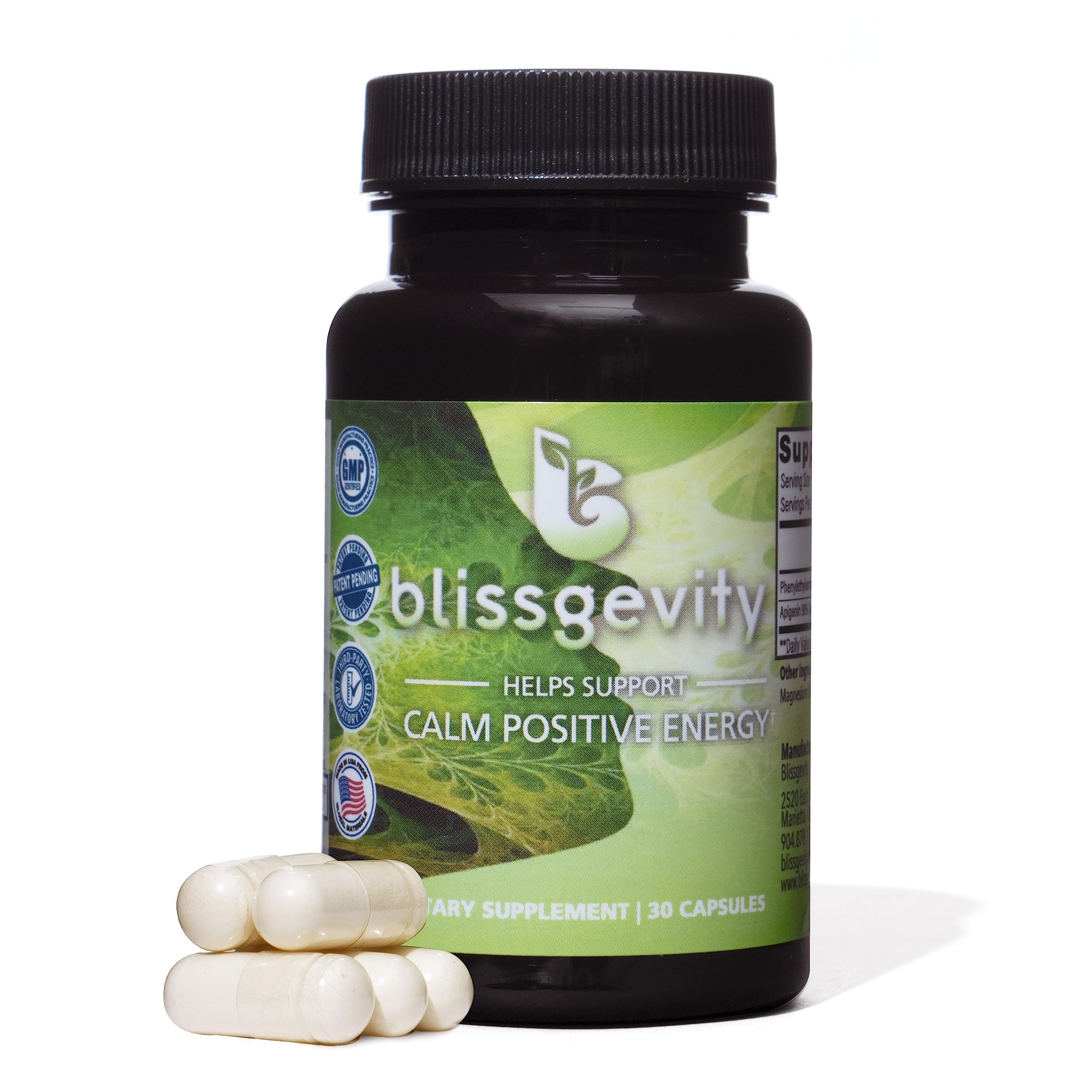 Blissgevity bottle showing 150mg apigenin and phenylethylamine