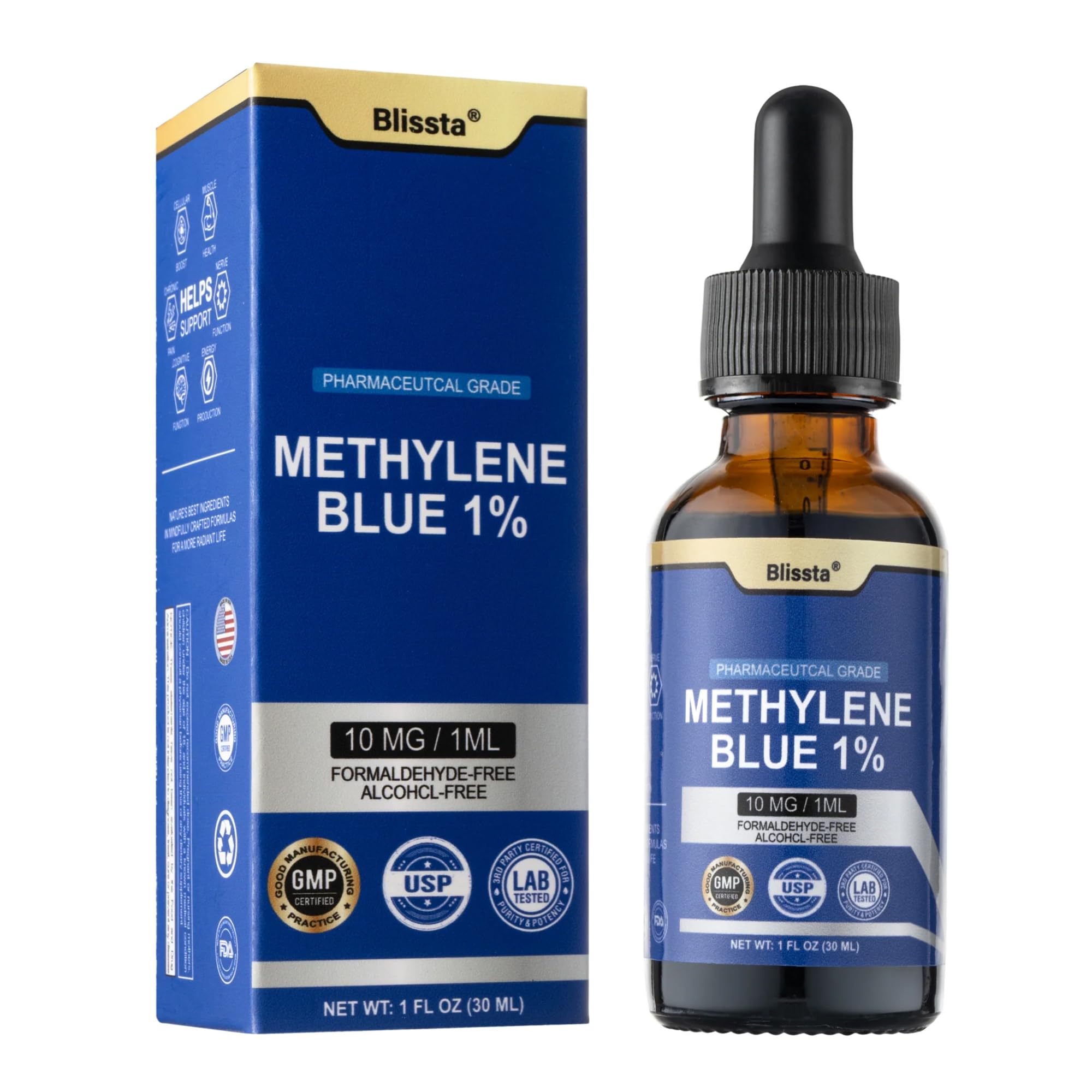 Blissta Methylene Blue 1% Solution bottle with label and 30ml size