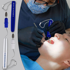 Travel case with blue and white metal dental picks