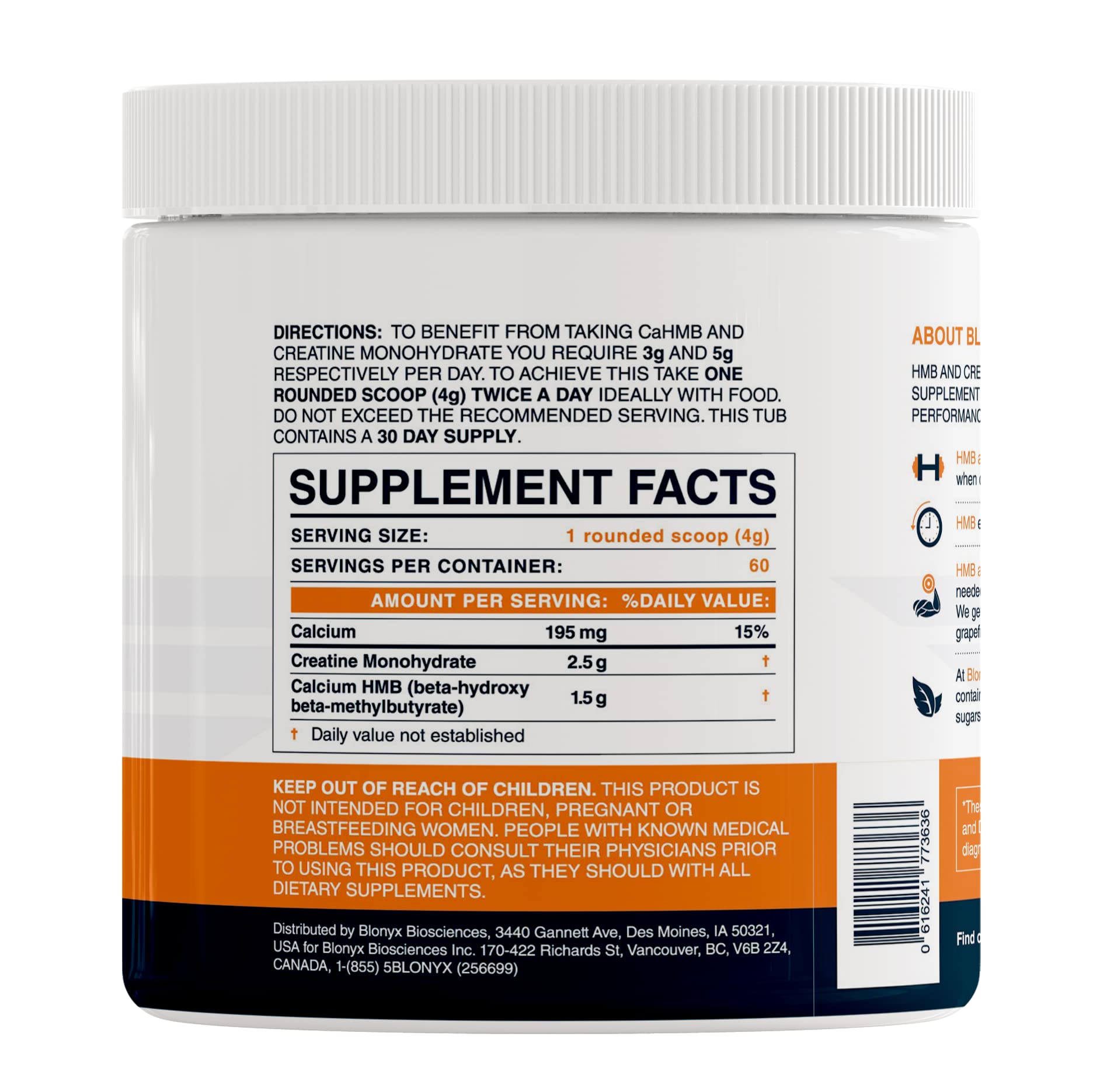 Blonyx HMB+Creatine scoop showing precise 3g HMB daily dosage.