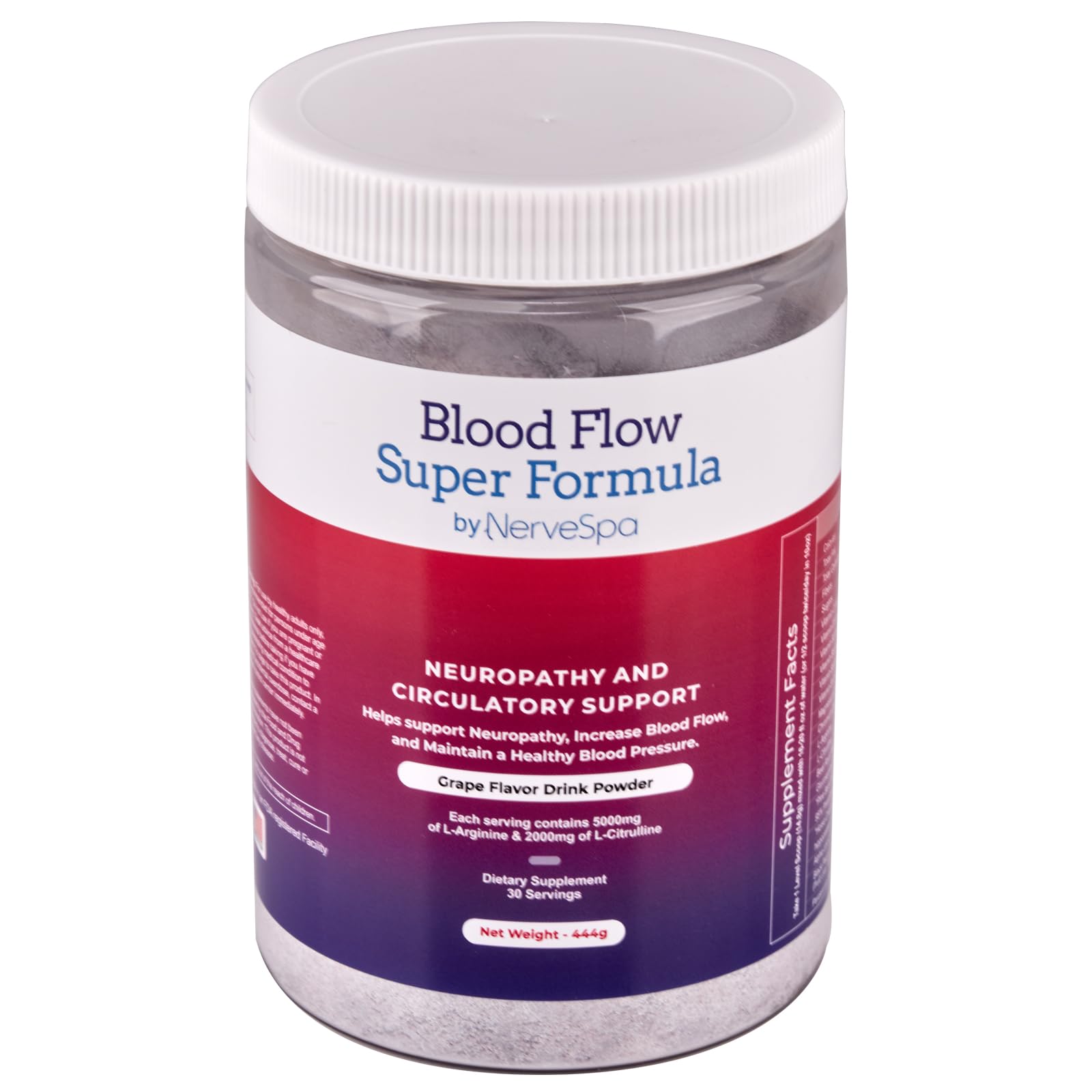 Front view of Blood Flow Super Formula drink powder tub