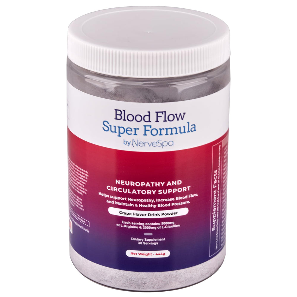 Front view of Blood Flow Super Formula drink powder tub