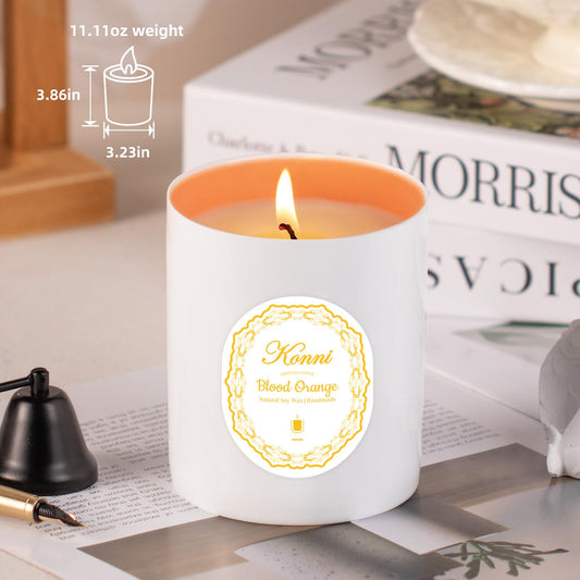 Close-up of lead-free cotton wick in blood orange candle