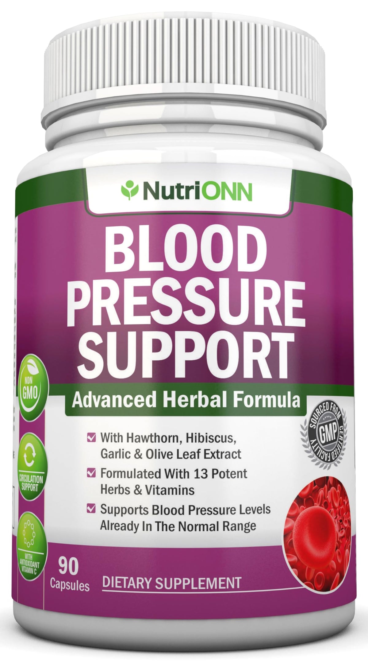 Blood Pressure Support supplement bottle displaying 13-herb blend
