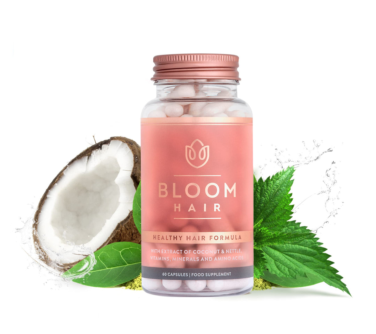Bloom Hair Capsules bottle with Biotin 250 mcg label
