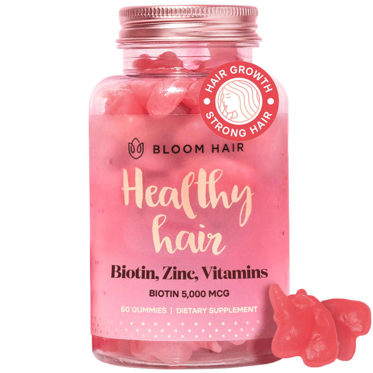 Bloom Hair Gummies bottle on white background
