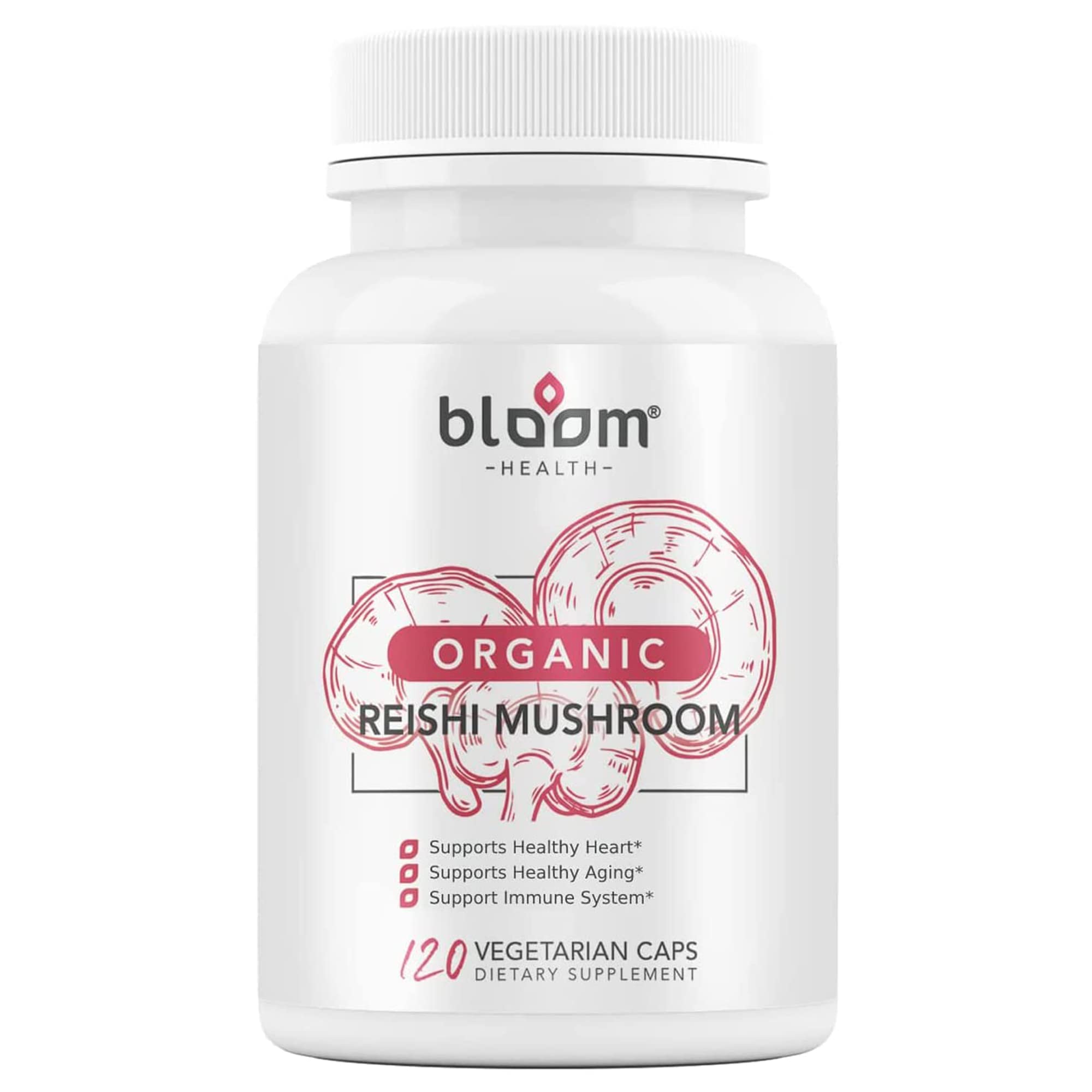 Front view of Bloom Health Reishi Mushroom Capsules bottle