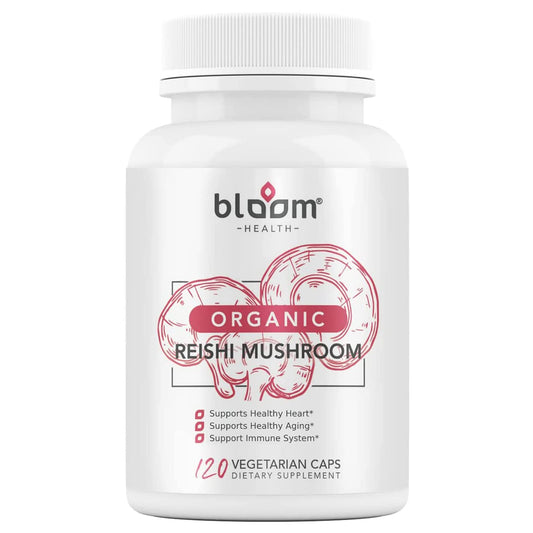 Front view of Bloom Health Reishi Mushroom Capsules bottle