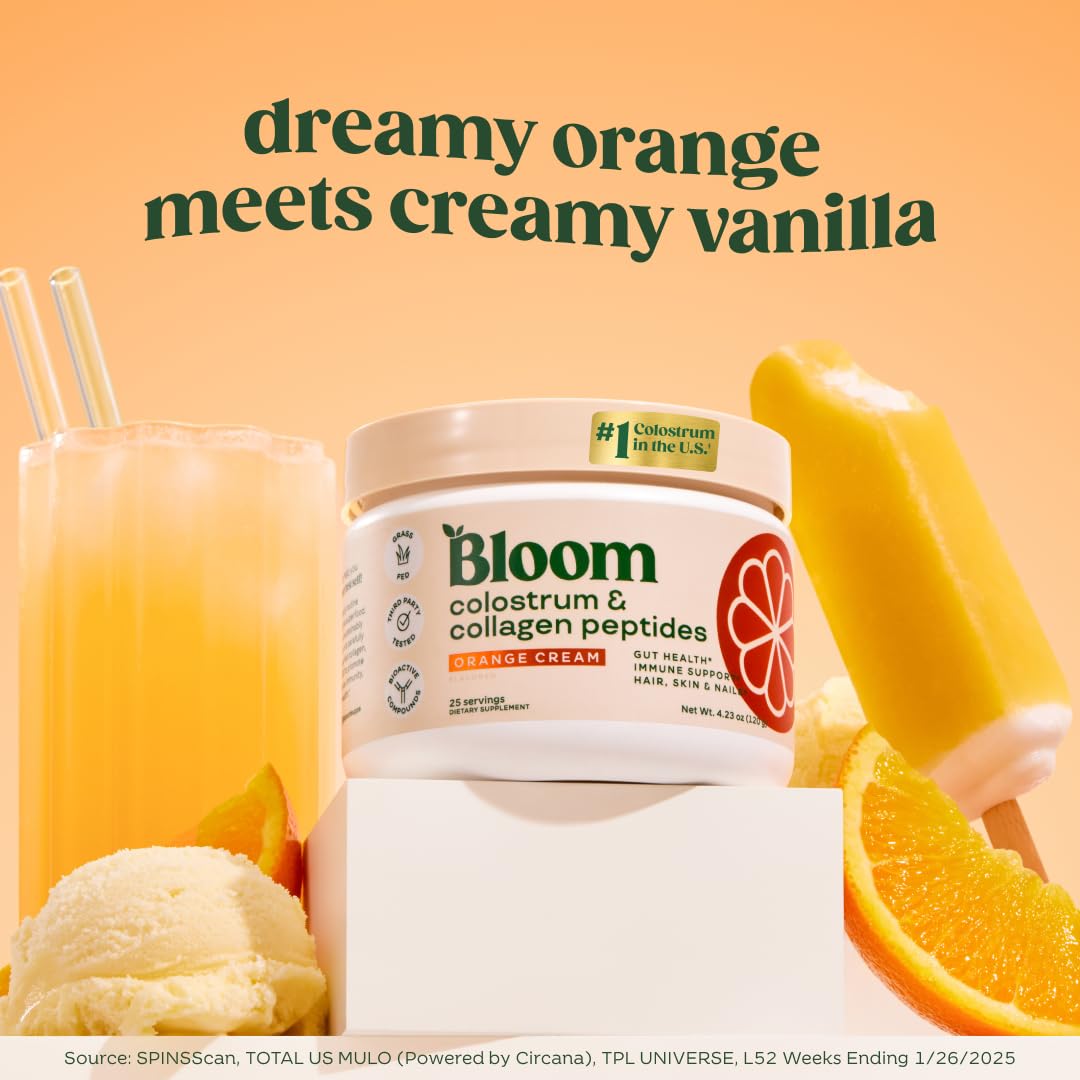 Packshot of Bloom Nutrition Bovine Colostrum Powder Orange Cream 25 servings