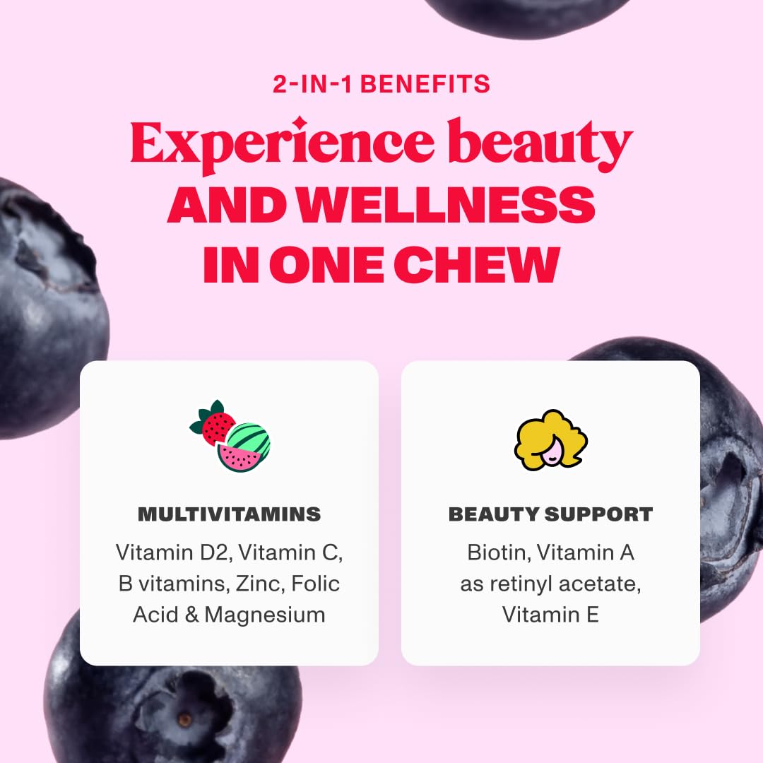 Strawberry flavored hair growth gummies on white surface