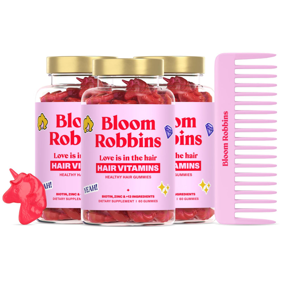 Bloom Robbins Hair Gummies bottle on white background