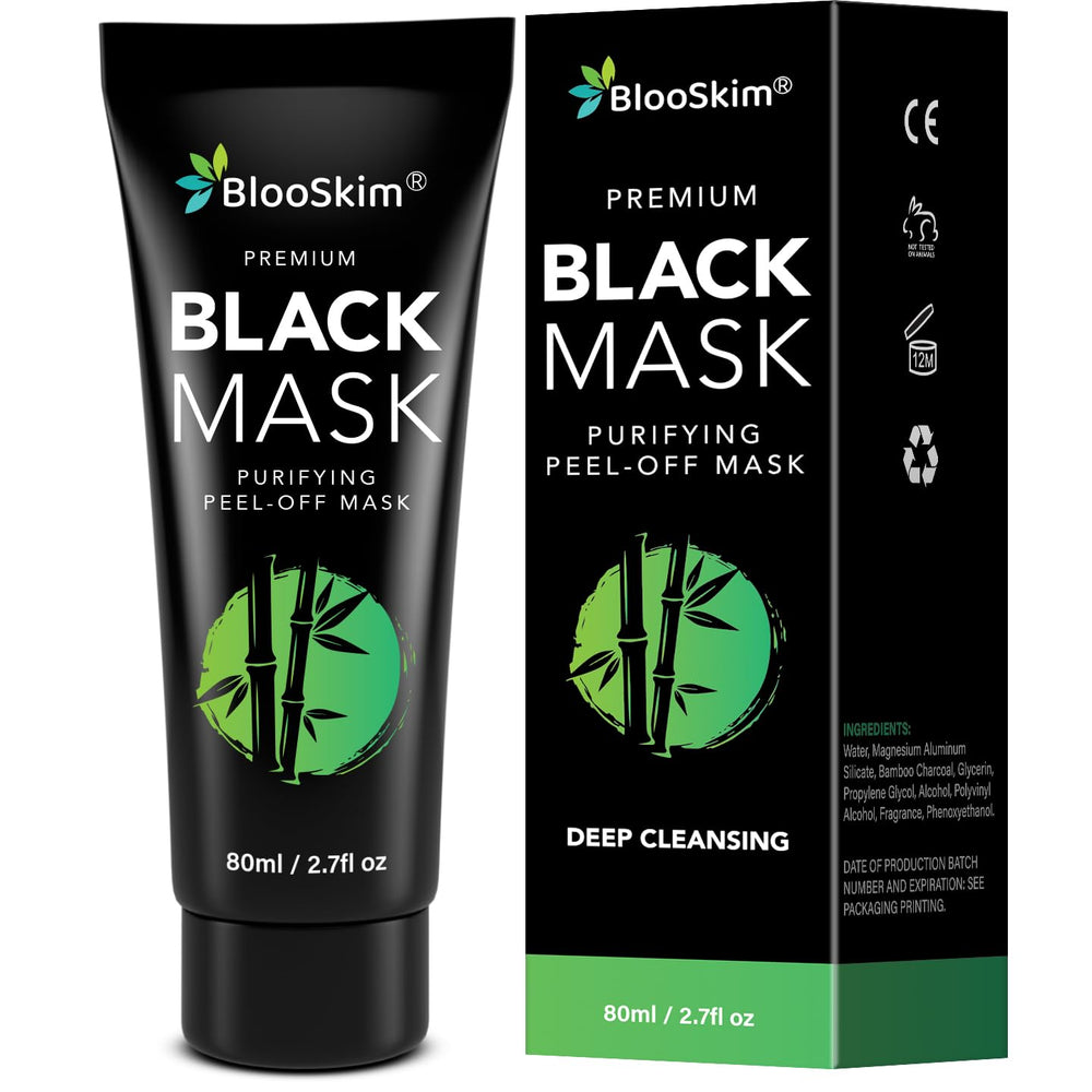 Blooskim Blackhead Remover Mask bottle demonstrates deep surface cleanse for refreshed skin.