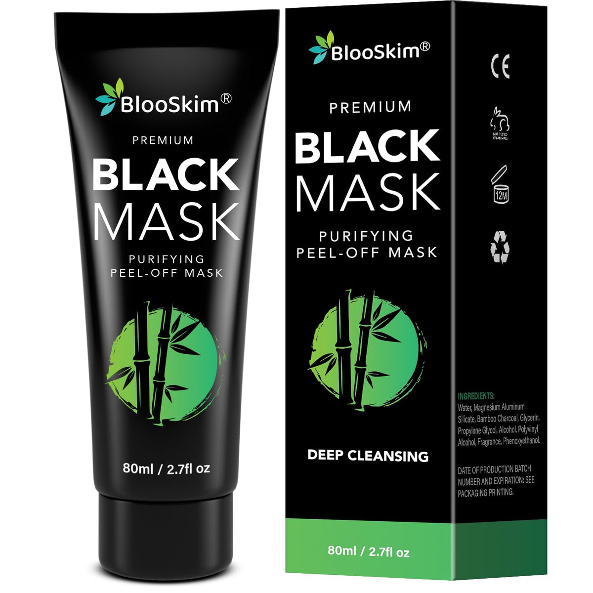 Blooskim Blackhead Remover Mask bottle demonstrates deep surface cleanse for refreshed skin.