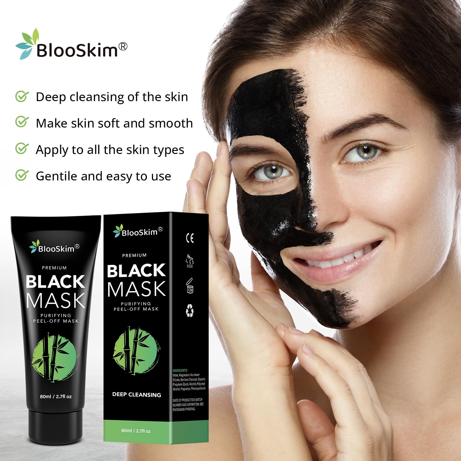 Blooskim charcoal peel mask application close-up showing oil control.