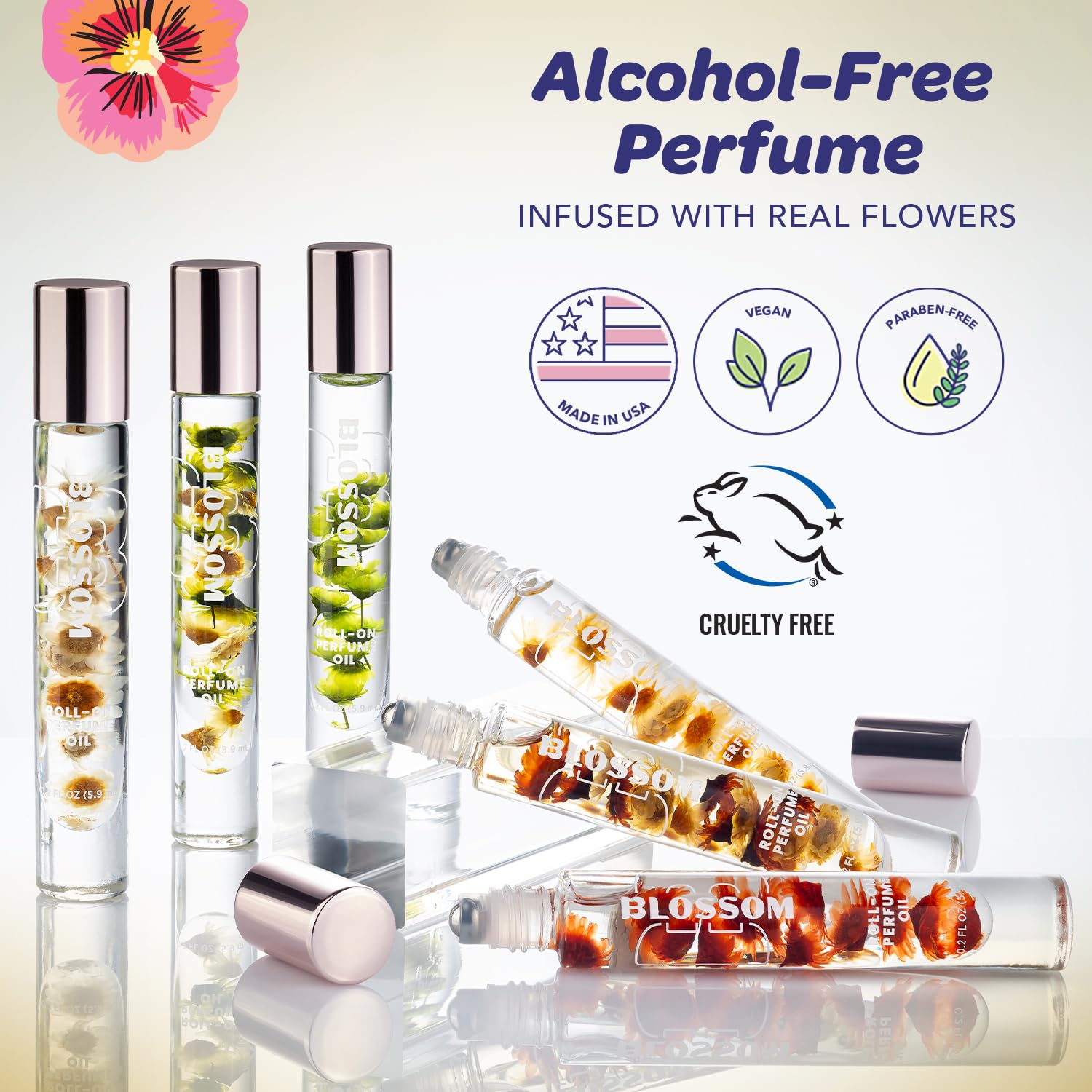Blossom Alcohol-free perfume oil label highlighting skin-friendly, alcohol-free formula.