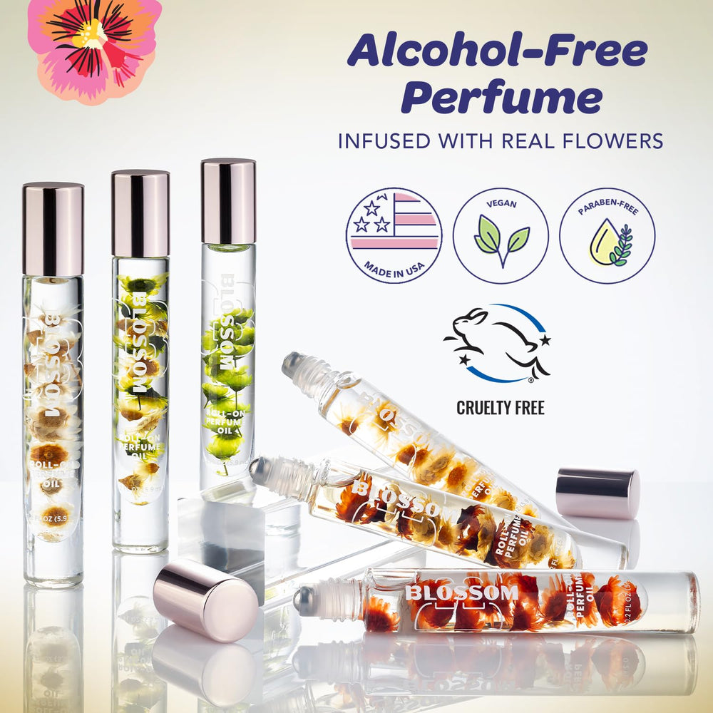 Blossom Alcohol-free perfume oil label highlighting skin-friendly, alcohol-free formula.
