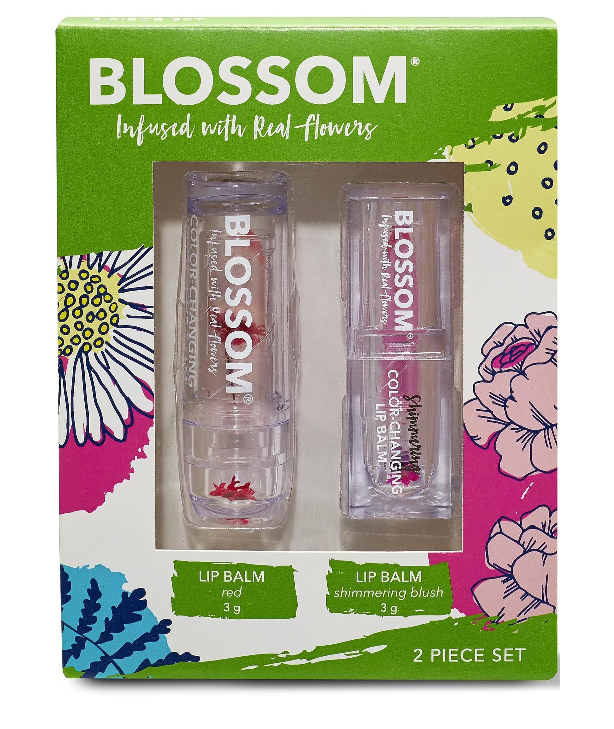 Blossom red color-changing lip balm hydrates lips with a strawberry aroma.
