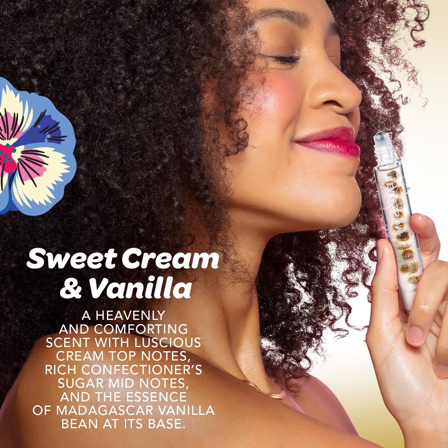 Blossom roll-on applicator pressed on a pulse point for easy blending of fragrance.