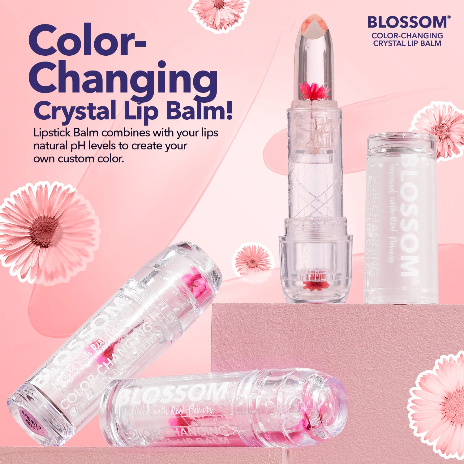 Blossom blush shimmer color-changing lip balm adds pink glow.
