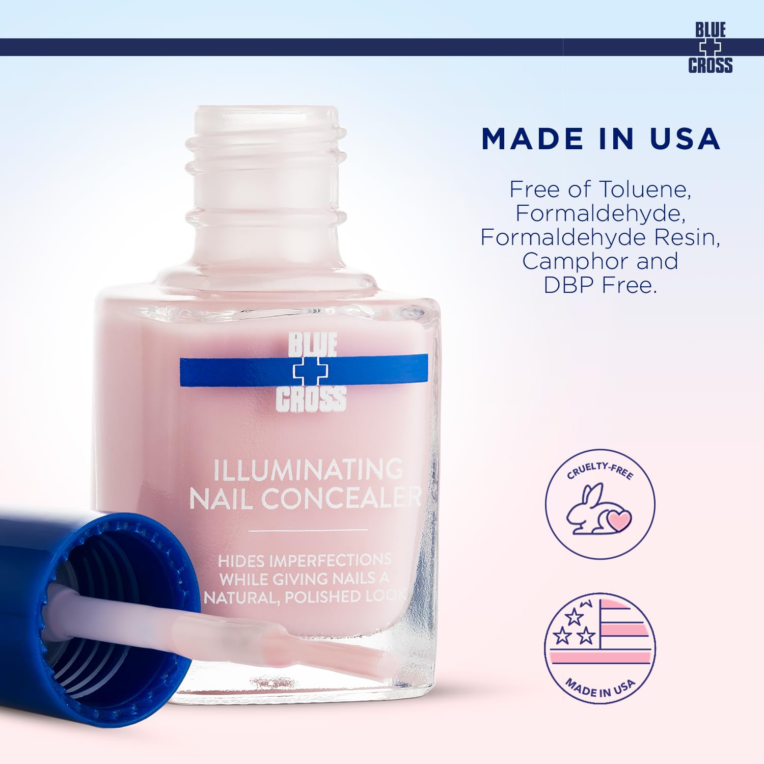 Blue Cross Illuminating Nail Concealer brush close-up shows easy one-step application.