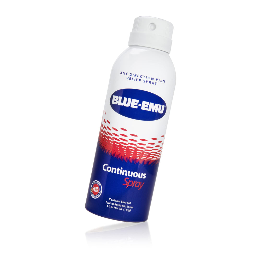 Blue-EMU Continuous Pain Relief Spray front bottle for fast-acting joint and muscle relief.