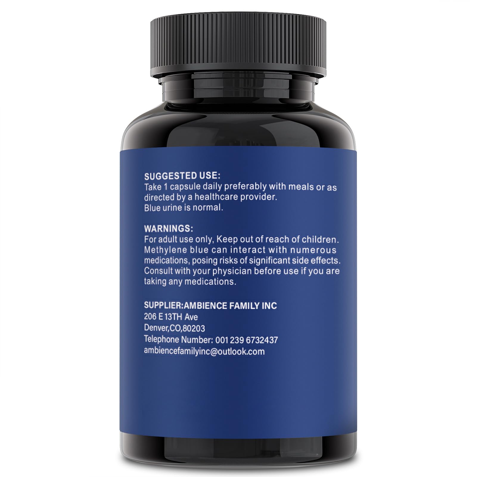 Blue methylene blue bottle with label