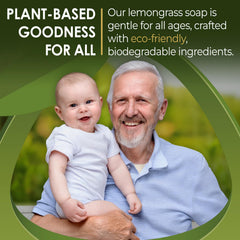 Blue Moon Elise lemongrass bar soap in hand demonstrates moisturizing feel.