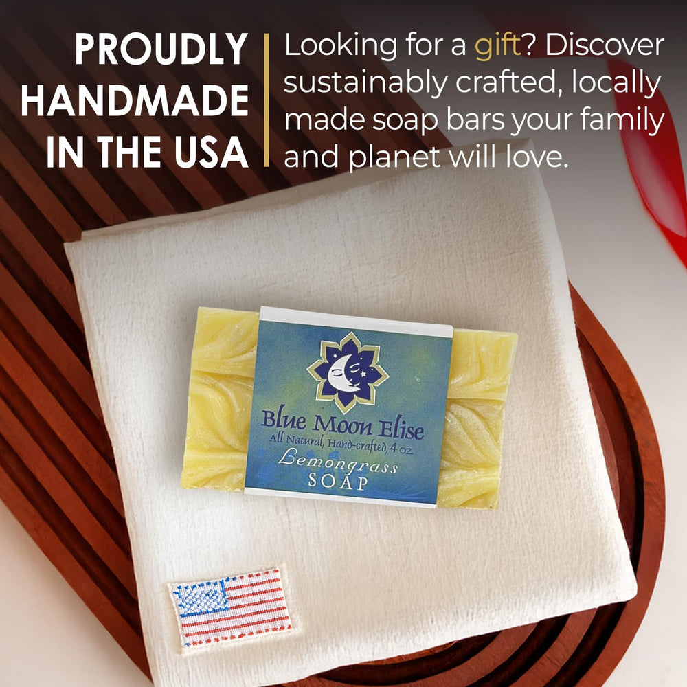 Blue Moon Elise lemongrass bar soap natural ingredients close-up.