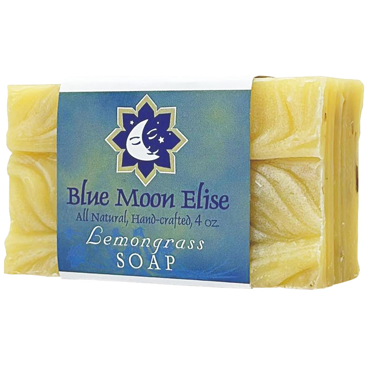 Blue Moon Elise lemongrass bar soap packaging shows eco-friendly, handmade USA craftsmanship.
