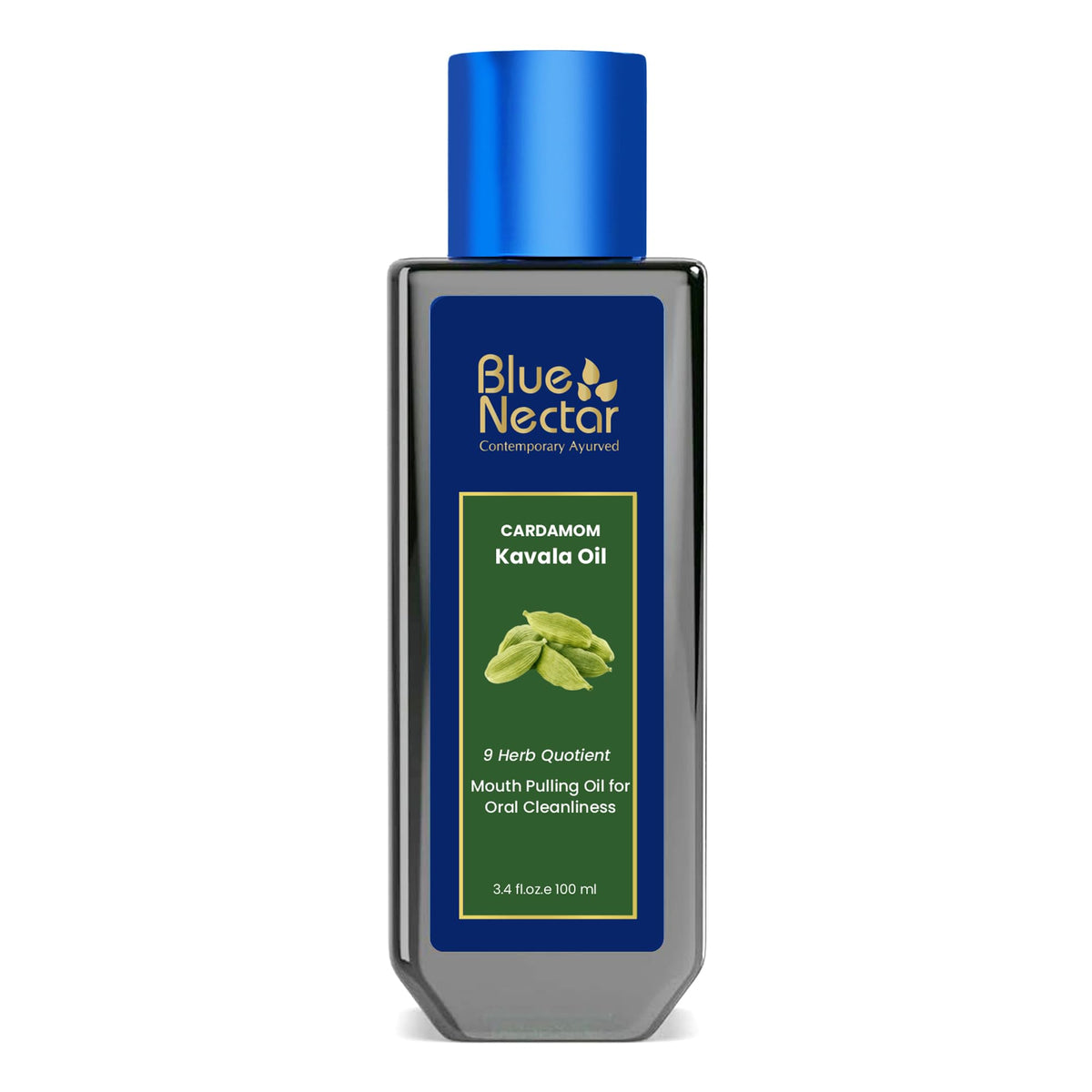 Blue Nectar Cardamom Mint Oil Pulling bottle with label
