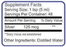 Back view of Blue Ridge Silver 25 ppm 8 oz bottle showing label and cautions