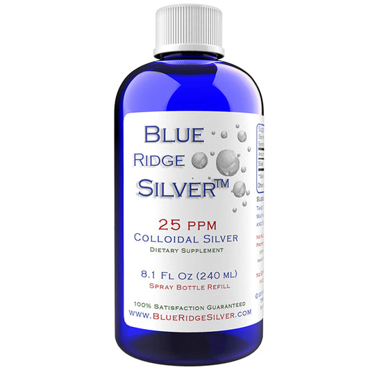 Front view of Blue Ridge Silver 25 ppm 8 oz colloidal silver bottle