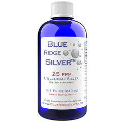 Front view of Blue Ridge Silver 25 ppm 8 oz colloidal silver bottle