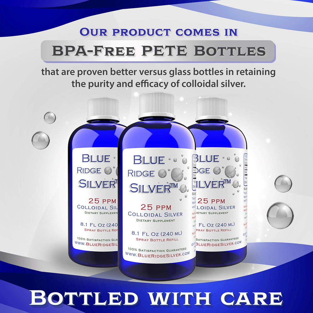 Ingredients panel for Blue Ridge Silver 25 ppm 8 oz bottle