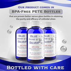 Ingredients panel for Blue Ridge Silver 25 ppm 8 oz bottle