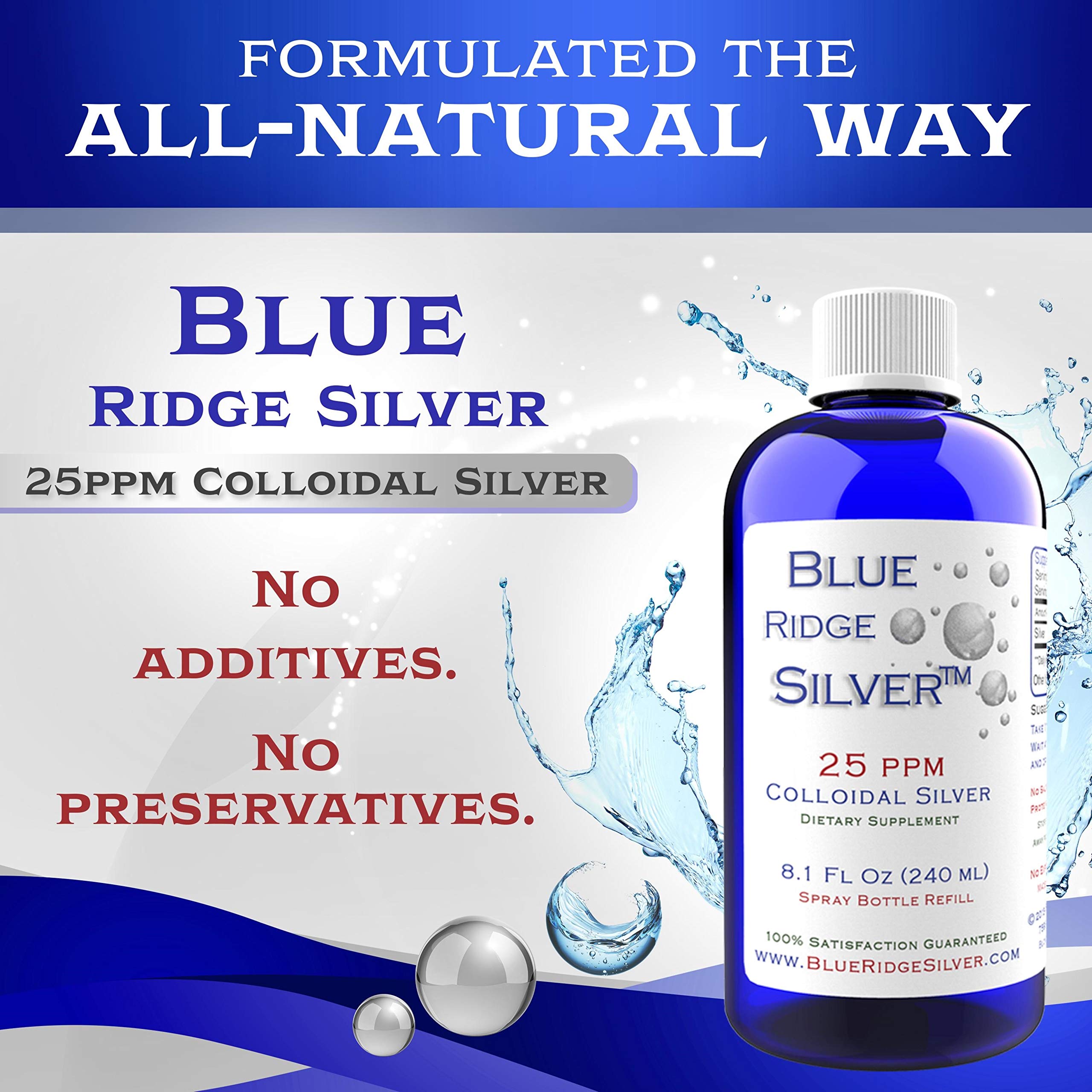 Close-up of Blue Ridge Silver 25 ppm 8 oz label