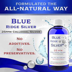 Close-up of Blue Ridge Silver 25 ppm 8 oz label