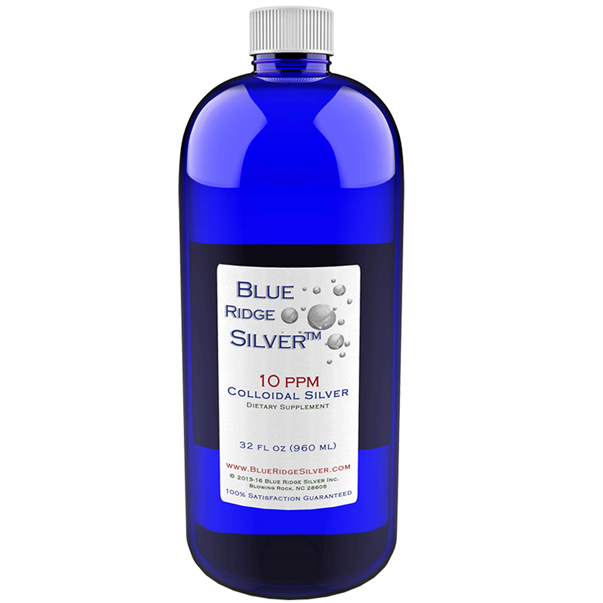 Blue Ridge Silver 32 oz bottle with 10 ppm colloidal silver on a white background