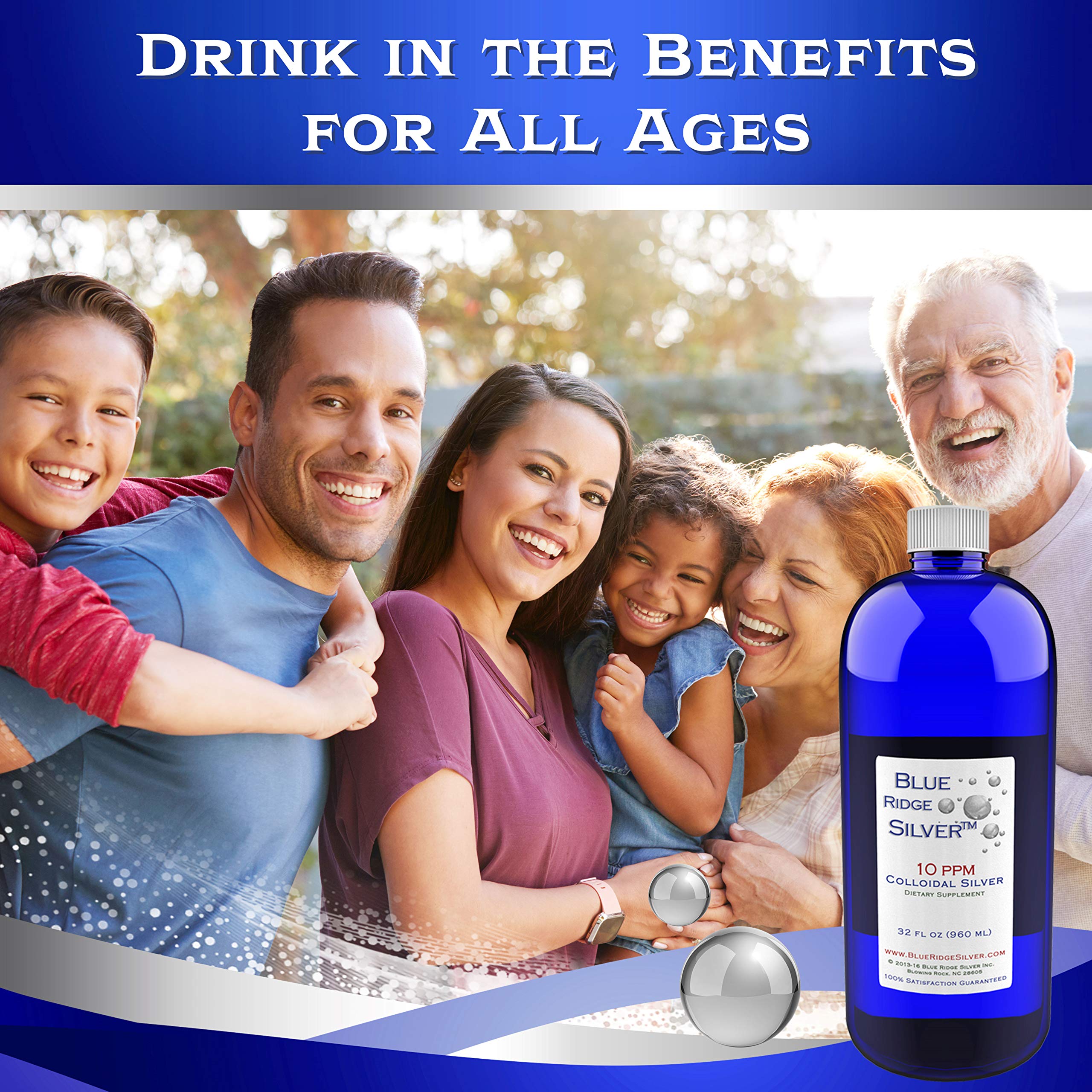 Close-up of Blue Ridge Silver 32 oz bottle showing 10 ppm colloidal silver