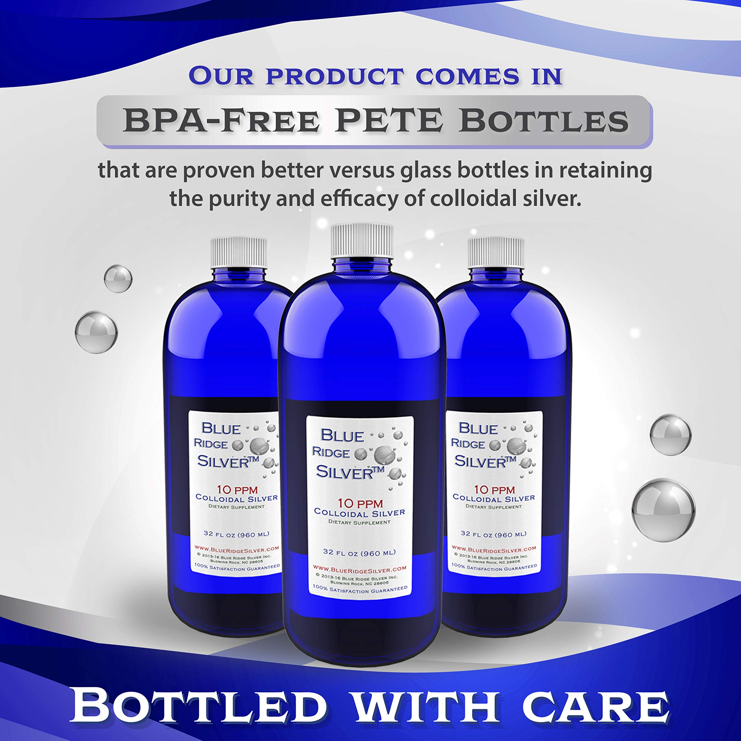 Blue Ridge Silver 32 oz bottle displayed with glass and packaging